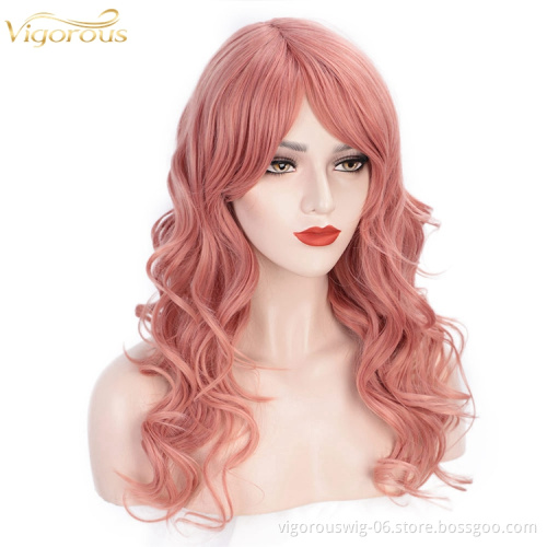 24 Inches Long Wave Hair Extension Wigs Pink Heat Resistant Full Cheap Woman Synthetic Hair Wig With Bangs No Lace Cosplay Use